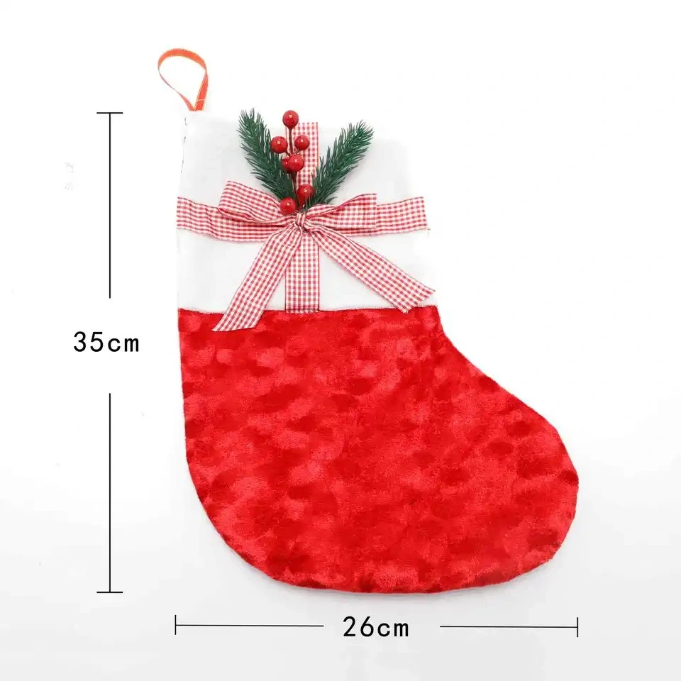 Christmas Stocking Santa Gift Bag Xmas Decoration New Year Velvet Socks with Berry Pine Needle Ornament Plaid Bowknot